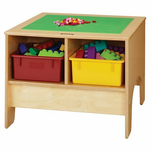 Jonti-Craft Birch 57449JC 28'' x 25'' x 19'' KYDZ Brick Building Table with 4 Colored Tubs. 53157449